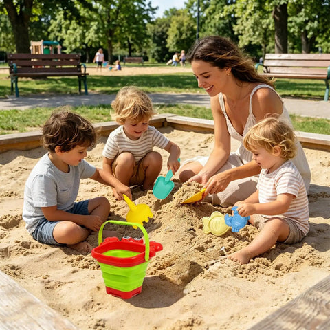 Children playing in sand with Epic Beach Toy Set For Kids With Folding Bucket And Construction Tools, 5 Animal Design Shovels Buckets And Rakes