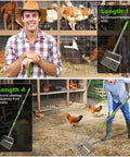 Farmer using Large Chicken Poop Scooper With Stainless Steel Handle, dual slot widths, for coop and ground cleaning, length 23 to 66 inches.