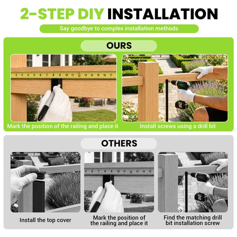 2-step DIY installation process for Built Like a Tank 105 Piece 32 Inch Deck Railing Kit with easy tools and steps.
