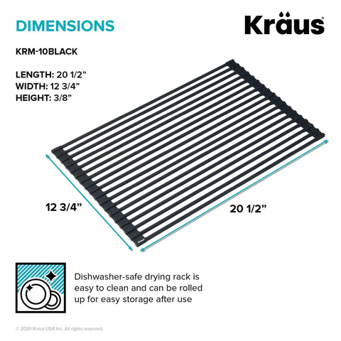 Dimensions of Over Sink Roll Up Dish Drying Rack Multipurpose Colander And Trivet Black Finish shown on product diagram.
