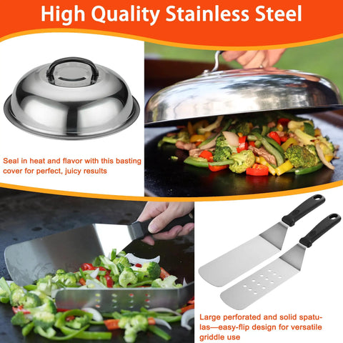 Family 40 Piece Griddle Accessories Kit For Backyard BBQ Flat Top Grill Tools with basting covers and spatulas in use