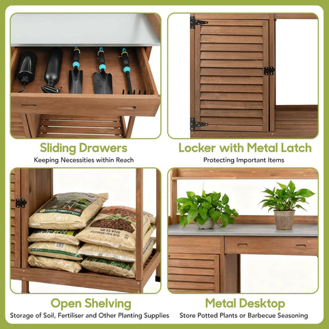 Outdoor Potting Bench Table For The Garden With Weatherproof Wooden Work Station Heavy Duty Metal Top Sliding Drawer Tool Hooks
