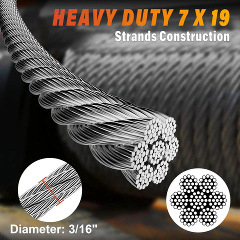 Close-up of a 7x19 strand heavy-duty Outdoor Deck Railing Wire Rope Kit Fifty Feet Of Three Sixteenths Inch Type 316 Stainless