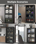 Premium Five Tier Storage Tower With Clear Front Panel Foldable Stackable Cabinet Rack Massive 230 Gallon Capacity For Bedrooms Closets And Garages in various settings.