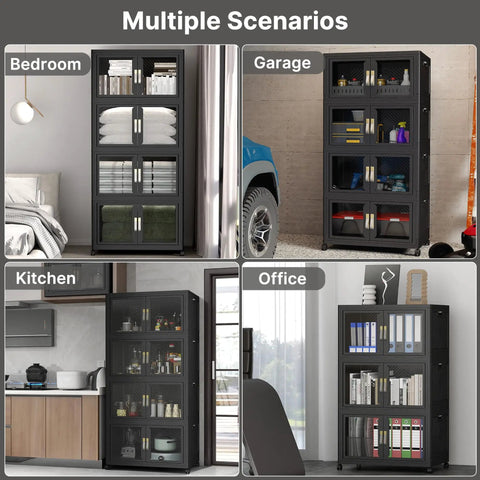 Premium Five Tier Storage Tower With Clear Front Panel Foldable Stackable Cabinet Rack Massive 230 Gallon Capacity For Bedrooms Closets And Garages in various settings.
