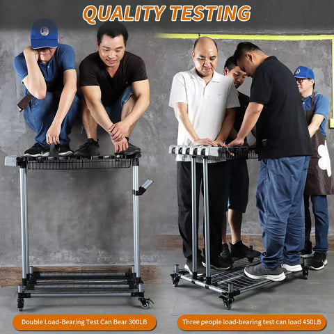 Heavy Duty Garden Tool Organizer And Garage Storage Rack for Long Handled Tools quality testing with men standing on it