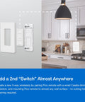 Smart Dimmer Switch Starter Kit in kitchen, showing Pico remote mounting option, 3-way setup, no neutral required, 150W plug and play.