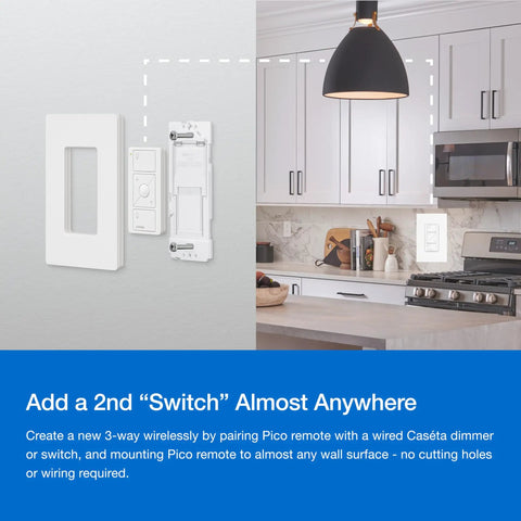 Smart Dimmer Switch Starter Kit in kitchen, showing Pico remote mounting option, 3-way setup, no neutral required, 150W plug and play.