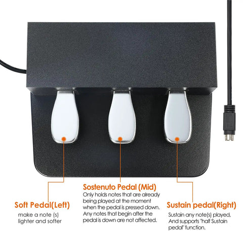 Top view of portable 3 pedal keyboard pedal board with soft sostenuto and sustain pedals, anti slip wood base for Yamaha digital pianos.