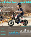 Child riding Kids Electric Dirt Bike 36V with 16 MPH top speed and 14 mile range, featuring hydraulic front fork and braking system.