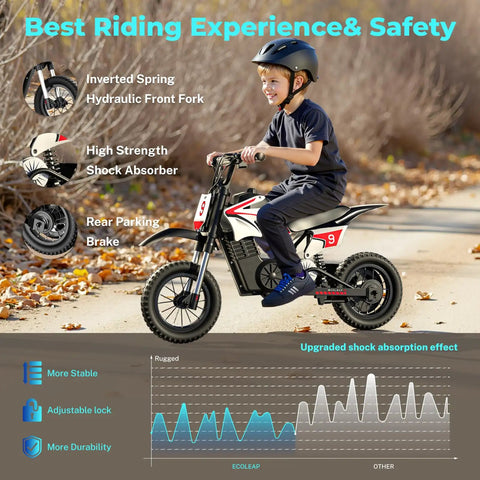 Child riding Kids Electric Dirt Bike 36V with 16 MPH top speed and 14 mile range, featuring hydraulic front fork and braking system.