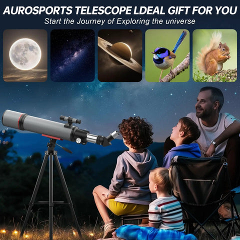 Family using All In One Dope High Powered 90mm Aperture Refractor Telescope For Adults And Kids Portable Travel Kit at night