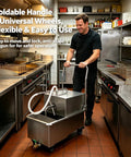 Commercial 14.5 Gallon Mobile Fryer Oil Filter System, 550W Stainless Steel Deep Fryer Cart With Wheels in use in a kitchen.