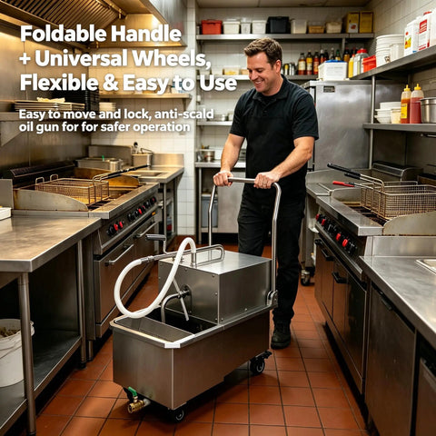 Commercial 14.5 Gallon Mobile Fryer Oil Filter System, 550W Stainless Steel Deep Fryer Cart With Wheels in use in a kitchen.