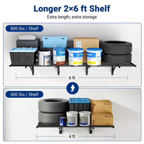 2 Pack 2x6ft Heavy Duty Garage Wall Shelves Set Black, wall-mounted metal shelf showing 6 ft length and 800 lbs per shelf with stored bins, paint cans, tires, and boxes