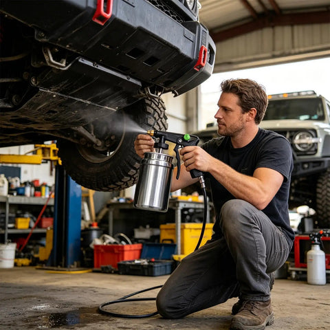 Man using Top Tier Truck Undercoating Spray Guns Offer Heavy Duty Auto Body Sprayer Gear For Metal Rims And Frame With Smart Adjust Flow Nozzles.