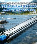 Side view of Locking Heavy Duty Drawer Slides For Cabinets, Side Mount Full Extension in water, demonstrating rust-proof feature.