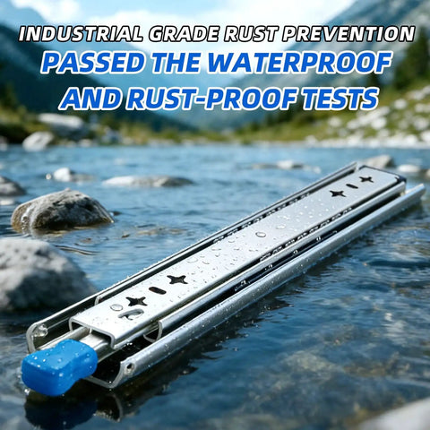 Side view of Locking Heavy Duty Drawer Slides For Cabinets, Side Mount Full Extension in water, demonstrating rust-proof feature.