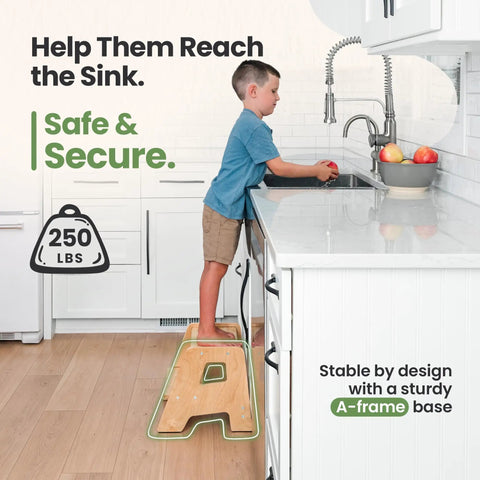 Rock Solid Wooden Toddler Step Stool For Bathroom Sink And Kitchen Counter Helper With Protective Varnish Heavy Duty Adult Load Limit And Dead Simple Assembly Setup
