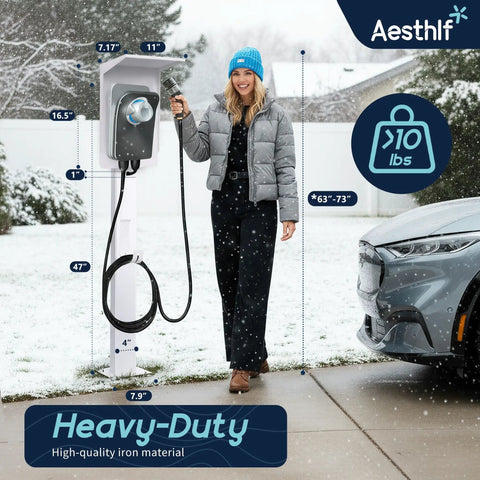 Outdoor EV Charger Pedestal Stand for Tesla and J1772 Type 2 Chargers shown installed on snowy driveway with woman and car.