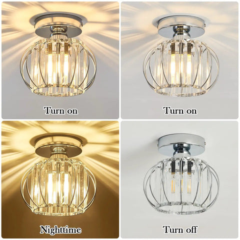 Sleek Modern Semi Flush Mount Ceiling Light Fixture With E26 Base Cool Crystal Mini Chandelier in Chrome, on and off views