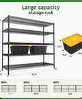 Beefed Up Heavy Duty Storage Shelves With Adjustable Height, 3200 Lb Capacity, 55.5 Inch Wide By 18 Inch Deep By 71 Inch High Industrial Shelving For Garage, Warehouse, Kitchen And Office, Maximizes Vertical Space And Cuts Storage Costs. black wire shelving rack with yellow-lid bins, 55.5 x 18 x 71 in