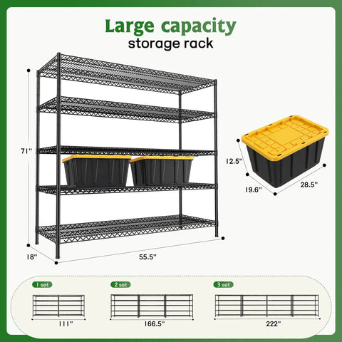 Beefed Up Heavy Duty Storage Shelves With Adjustable Height, 3200 Lb Capacity, 55.5 Inch Wide By 18 Inch Deep By 71 Inch High Industrial Shelving For Garage, Warehouse, Kitchen And Office, Maximizes Vertical Space And Cuts Storage Costs. black wire shelving rack with yellow-lid bins, 55.5 x 18 x 71 in