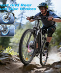 Power Packed 500W Peak Electric Bike For Adults With Up To 60 Mile Range Removable Battery 20 MPH Assist 7 Speed Gearing 26 Inch Tires Shock Absorber Slick Commuter E Bike on rocky trail with dual disc brakes