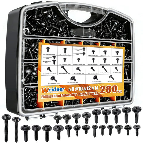280 Piece Automotive Body Screw Kit With Self Tapping Phillips And Washer Head Screws Includes Sizes 8 10 12 14 Displayed