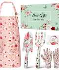 All In One Garden Gift Set For Women Pink Edition With Hand Fork Trowel Gloves Apron And Tools Kit Gift Box Included Perfect Birthday Present For Mom Grandma Wife Garden Lovers featuring floral apron, gloves, and tools with gift card.