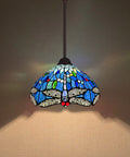 Tiffany Style Stained Glass Pendant Light 12 Inch Wide Antique Blue Dragonfly Hanging Lamp With Adjustable 67 Inch Chain For Kitchen Island Dining Room Hallway Lit Home Decor