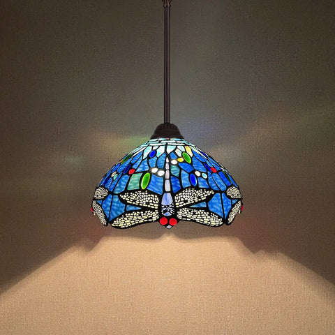 Tiffany Style Stained Glass Pendant Light 12 Inch Wide Antique Blue Dragonfly Hanging Lamp With Adjustable 67 Inch Chain For Kitchen Island Dining Room Hallway Lit Home Decor