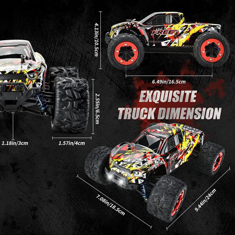 High Speed 1 18th Scale 4x4 Waterproof Off Road RC Car dimensions with bold graphics for all terrain use.