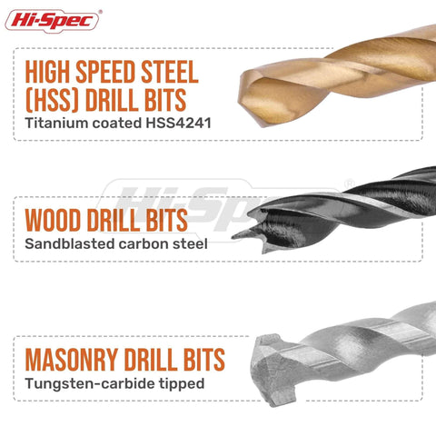Hi-Spec 130pc drill bit set with tray case: HSS titanium-coated, wood, and masonry bits.