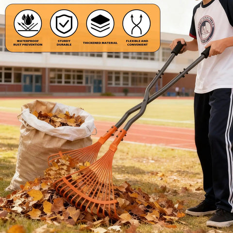 Leaf Grabber Rake With Long 36 Inch Handle For Easy Lawn Cleanup Heavy Duty Garden Tool With Flexible Tines That Open Wide To Scoop Debris And Close Tight Black And Orange Finish Back Saving Design