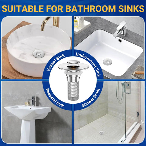 Heavy Duty Bathroom Sink Drain Strainer And Pop Up Stopper With Removable Stainless Steel Hair Catcher Basket Universal Fit For US Fixtures Swipes Hairs Away Fast No Clog Drama 3 Pack