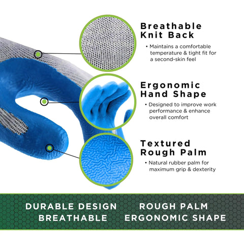 Original 1994 Crinkle Grip Work Gloves With Natural Latex Palm, blue, ergonomic shape, breathable knit back, rough palm texture.