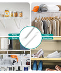2 Pack 12 Inch White Finish Wire Shelf Brackets Heavy Duty Closet Support With Anchors And Screws Sturdy Metal Wall Mount Hardware Accessories Essential For Home Organization No Sweat Install displayed in pantry and closet settings.