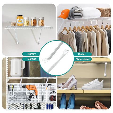 2 Pack 12 Inch White Finish Wire Shelf Brackets Heavy Duty Closet Support With Anchors And Screws Sturdy Metal Wall Mount Hardware Accessories Essential For Home Organization No Sweat Install displayed in pantry and closet settings.
