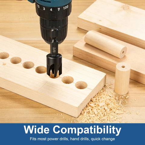 8 Piece Wood Plug Cutter Set Black Oxide Carbon Steel cutter drilling into wood plank with shavings for gap-free finishing.