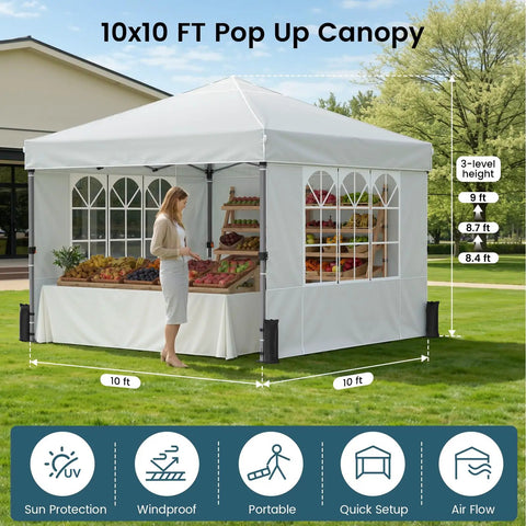 Pop Up Canopy Tent With Sidewalls 10x10ft One Push Setup 10 Person Party Gazebo Portable Outdoor Sun Shade, market stall use