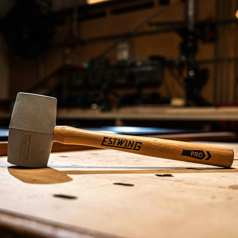 Deadhead Rubber Mallet With Bounce Resistant Head And Hickory Wood Handle 12 Oz No Mar Hammer, grey, on workbench