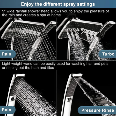 Four spray settings of the High Pressure Dual Shower Head Kit With Handheld And Rainfall Modes, 60 Inch Stainless Steel Hose, Chrome Finish