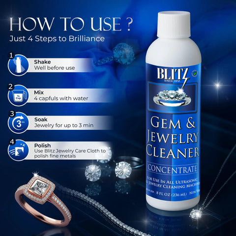 Gem And Jewelry Cleaner Concentrate Refill For Ultrasonic Machines 8oz Safe Non Toxic Formula That Keeps Silver Shimmering Jewelry Sparkling And Bling Looking Fresh Between Cleanings. bottle with jewelry cleaning steps