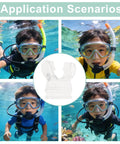 Collage of kids snorkeling, transparent Kid Friendly Silicone Snorkel Mouthpiece Replacement at center, diving gear in use.