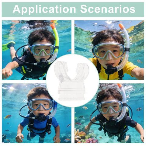 Collage of kids snorkeling, transparent Kid Friendly Silicone Snorkel Mouthpiece Replacement at center, diving gear in use.