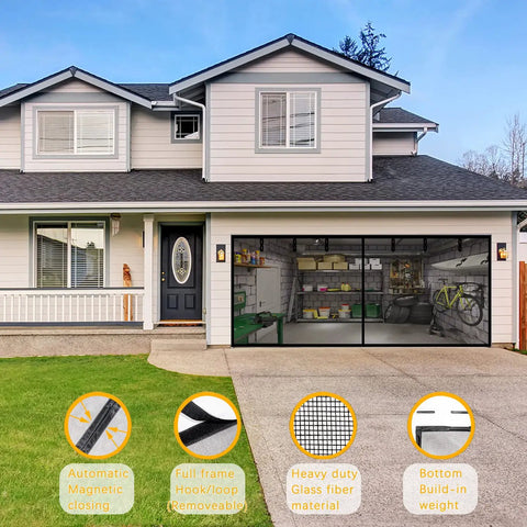 Fiberglass Magnetic Garage Screen Door For Double Wide 16x7ft, Hands Free Mesh, DIY Retractable showing in use on garage