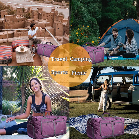 Heavy Duty Foldable Travel Duffel Bag 60L Waterproof Water Resistant Large Capacity For Beach Trips Gym Pool Sports Overnight Carryall Purple Tough As Nails Everyday Companion For Travel Or Weekend Getaways Go Anywhere on journeys and adventures with various outdoor scenarios.