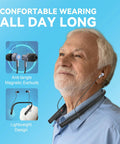 Rechargeable Bluetooth Hearing Aids For Seniors Neckband Earphones Hands Free 2 In 1 Hearing Amplifier For Elderly With Type C Charging And All Day Battery Life Available shown worn by a senior man