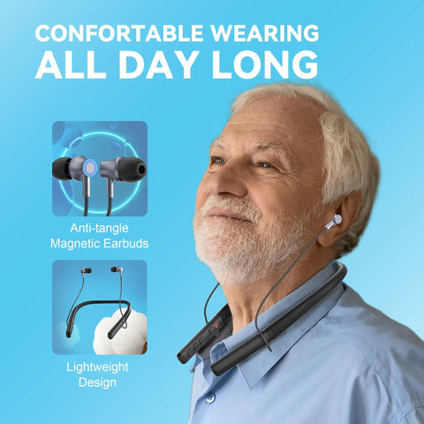 Rechargeable Bluetooth Hearing Aids For Seniors Neckband Earphones Hands Free 2 In 1 Hearing Amplifier For Elderly With Type C Charging And All Day Battery Life Available shown worn by a senior man